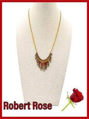 Signed ROBERT ROSE Fringe Bib Necklace, Beaded Waterfall Drop Collar Earth Tones